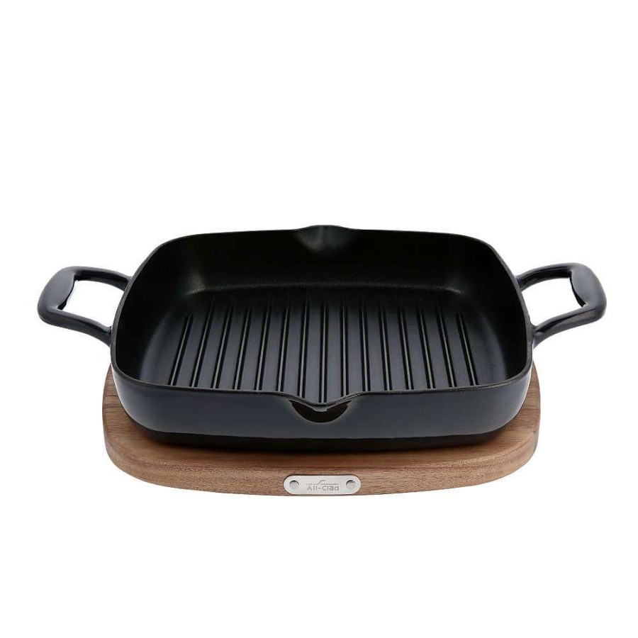 All-Clad Enameled Cast Iron, Grill Pan With Acacia Wood Trivet, 11 Inch Griddle & Grill Pans