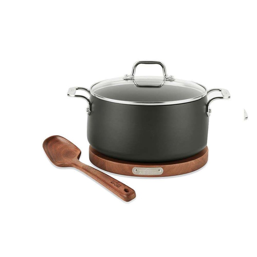 All-Clad Ha1 Hard Anodized Nonstick Cookware, Dutch Oven With Acacia Wood Trivet & Spoon And Glass Lid, 6 Quart Dutch Ovens