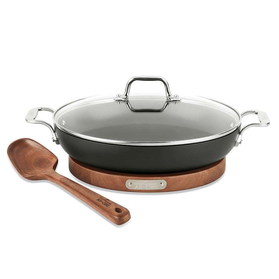 All-Clad Ha1 Nonstick 3 Qt Universal Pan With Lid, Acacia Wood Trivet And Spoon Saute Pans